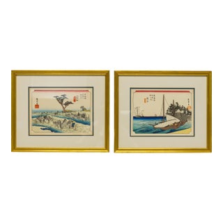 "Tōkaidō Road Series" by Andō Hiroshige Japanese Woodblock Prints a Pair For Sale