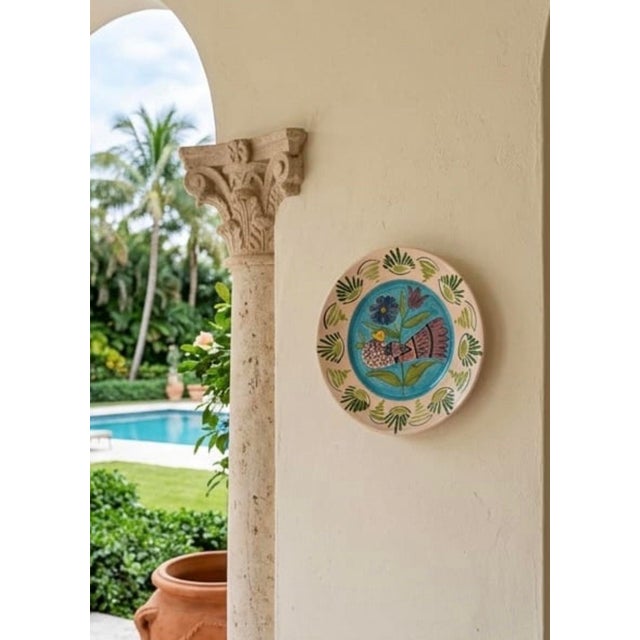 Vintage Italian Hand-Painted Majolica Ceramic Wall Plate – Bird & Tulip Motif For Sale - Image 11 of 12
