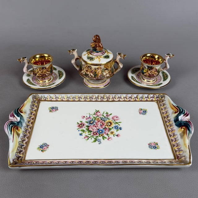 1960s Porcelain Tea Set with Tray, Cups and Sugar Bowl in Gold Cherubs from Capodimonte, 1960s, Set of 6 For Sale - Image 5 of 12