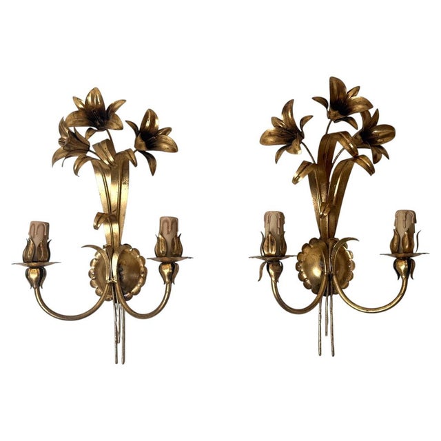 Italian Hollywood Regency Gilt Lily Sconces by Passeri, 1980s, Set of 2 For Sale - Image 14 of 14
