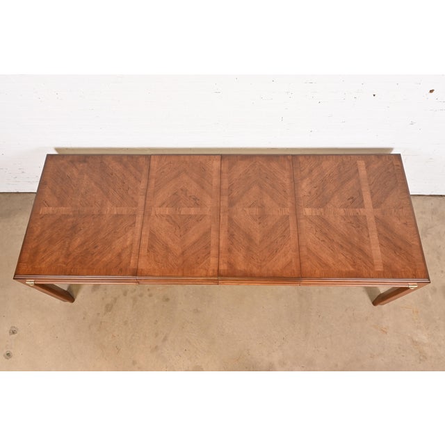 1960s Drexel Heritage Mid-Century Hollywood Regency Walnut Extension Dining Table With Parquet Top, Newly Refinished For Sale - Image 5 of 12