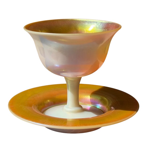 Steuben Glass Steuben Gold Aurene on Calcite Iridescent Art Glass Footed Bowl & Underplate For Sale - Image 4 of 4