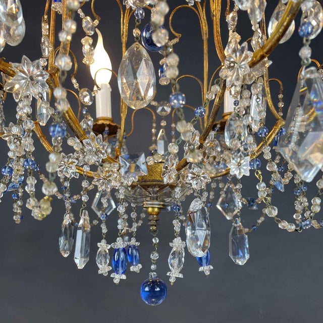 Chandelier in Golden Iron and Light Blue Crystals, 1950s For Sale - Image 4 of 14