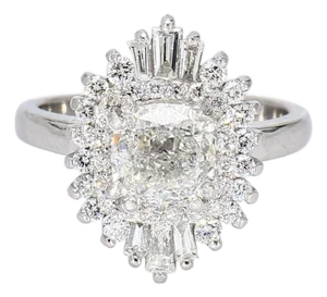 Late 20th Century Platinum Cluster Cocktail Ring With Lab-Grown Diamond Center - Size 4.75