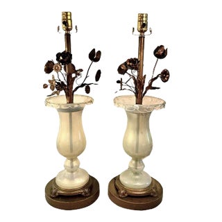 1940s Early Murano Aventurine Filled Hand Blown Glass With Brass Flower Pedal Lamps With Original Foil Tag, a Pair For Sale