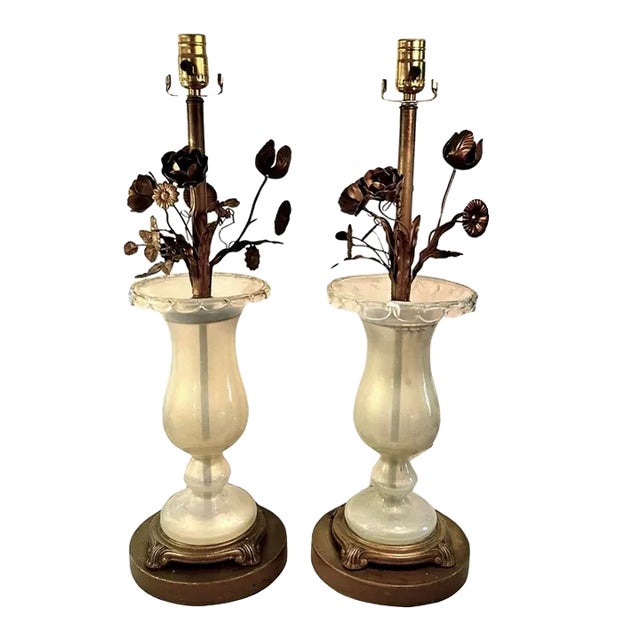 1940s Early Murano Aventurine Filled Hand Blown Glass With Brass Flower Pedal Lamps With Original Foil Tag, a Pair For Sale