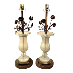 1940s Early Murano Aventurine Filled Hand Blown Glass With Brass Flower Pedal Lamps With Original Foil Tag, a Pair