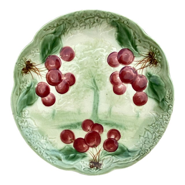 19th Century Majolica Cherries Plate Choisy Le Roi For Sale