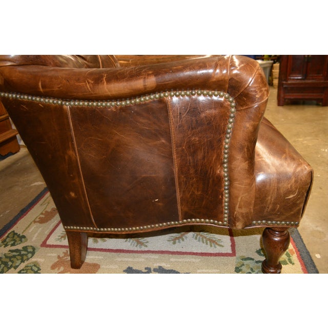 Brown 1990s Pair Tufted Back Brown Leather Arm Club Chairs High Back - English Library / Cigar Lounge For Sale - Image 8 of 17