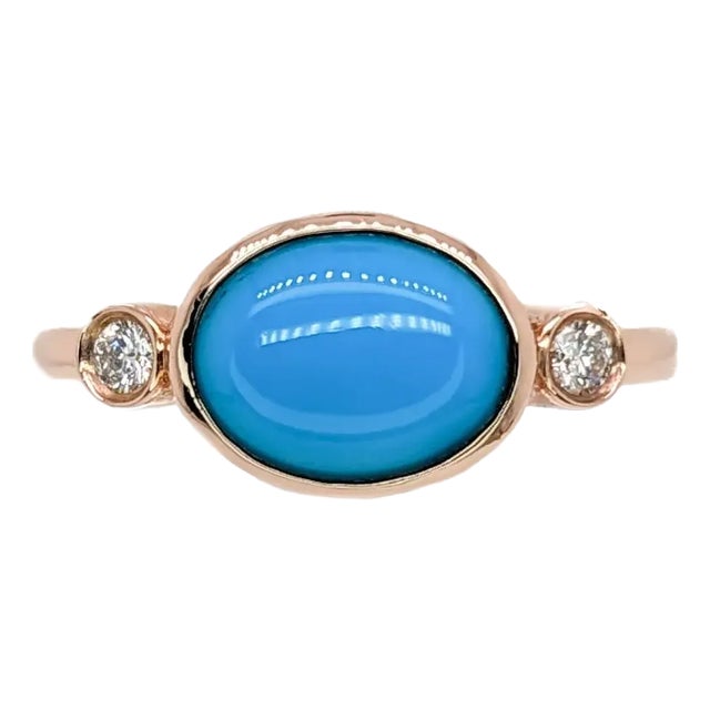 1.5ct Turquoise Ring W Natural Diamond Accents in Solid 14k Yellow Gold For Sale