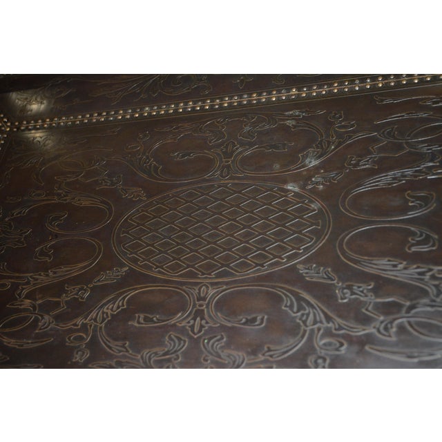 Antique-Style Mahogany Serving Tray With Bronze Lined Enbossed Bottom and Cast Bronze Handled Mounts For Sale - Image 9 of 12