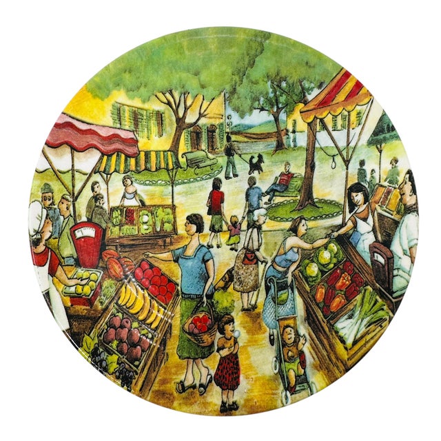 1980s Vintage Brunelli Designs Made in Italy Folk Art Market Scene Ceramic Salad Plates - Set of 6 For Sale - Image 13 of 18