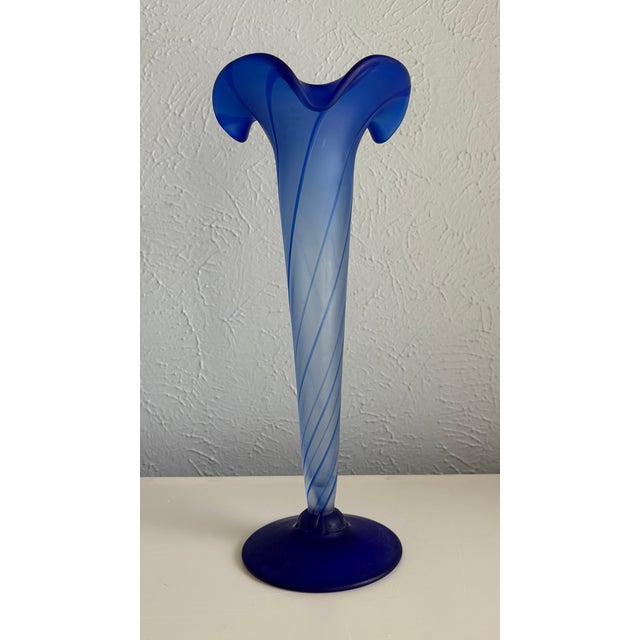 Blue Tall Blue Satin Glass Trumpet Vase For Sale - Image 8 of 8