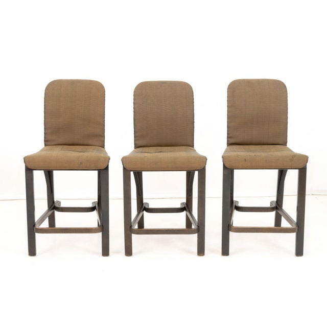 Set of Six Contemporary Painted Wood Counter Stools, each with brown iridescent upholstery and tapered seat on four...