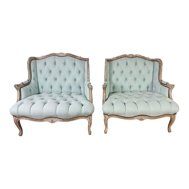 Pair of Louis XV Style French Bergères – Pale Blue Linen For Sale