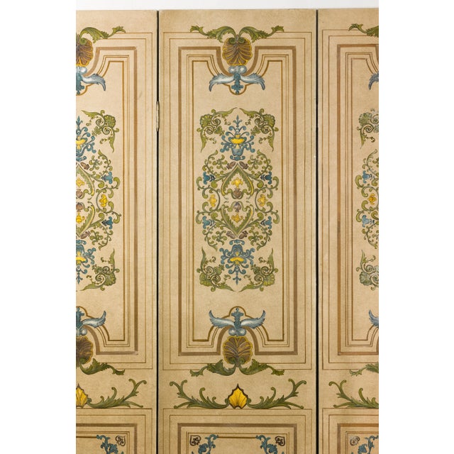 Neoclassical Vintage Hand-Painted Four-Panel Folding Screen with Victorian-Style Motifs For Sale - Image 3 of 12