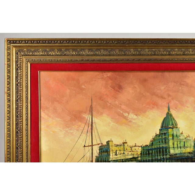 Textile Mid 20th Century Andrew Apostoli Oil on Canvas Painting of Italian Harbor Cityscape For Sale - Image 7 of 7