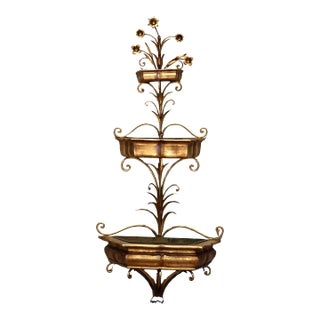 Mid 20th Century Tall Italian Three-Tier Gilt Wood and Wrought Iron Wall Planter For Sale