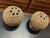A pair of swiveling 'Bulletin Ball' cork desk organizers for pens and pencils. Designed and produced by Park Sherman in...