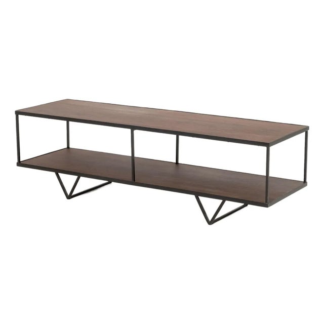 Geometric Design Walnut and Black Patinated Steel Two-Tier Coffee Table For Sale