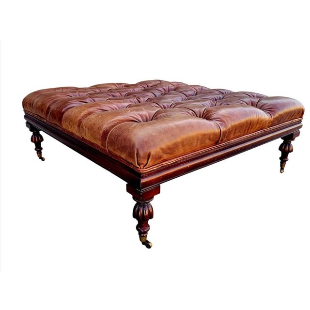 Western Rustic Tufted Oversized Square Leather Ottoman - Vicente Wolf Collection Real high-quality leather gives a...