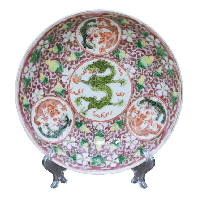 Antique Chinese Qing Dynasty Red Dragon Porcelain Plate, 1800s For Sale