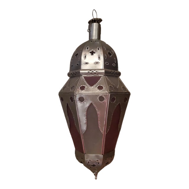 Moroccan Frosted White and Red Glass Lantern For Sale