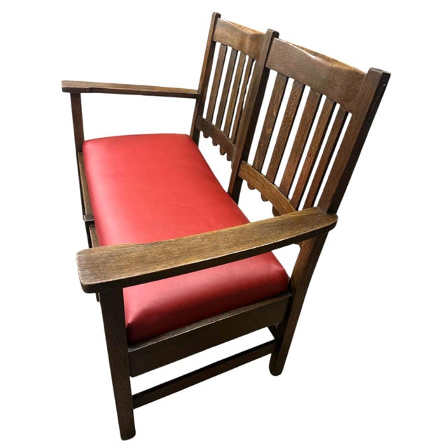 1910s Stickley Brothers Grand Rapids Antique Settle Model #3887 - Quarter Sawn Oak and New Red Leather Seat - Circa 1910 For Sale - Image 5 of 7