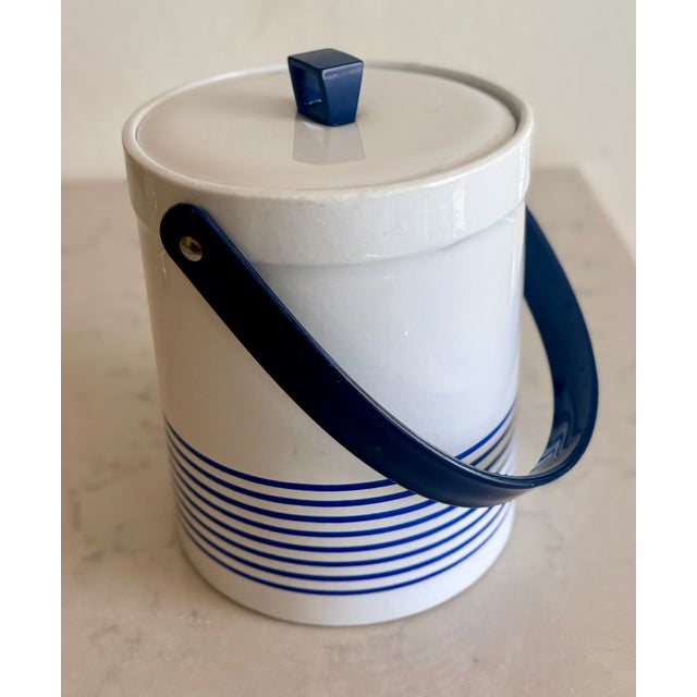 Plastic Vintage Nautical Navy Blue and White Striped Ice Bucket For Sale - Image 7 of 9