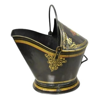 Antique Victorian Black Steel Hand Painted Flower Tole Metal Coal Scuttle Bucket For Sale