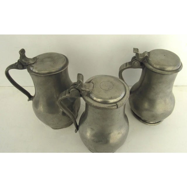 Gray Set of 3 English Pewter Tankards with Lids 18th Century For Sale - Image 8 of 10