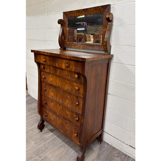 Antique American Empire Walnut Veneer Chest Bureau Dresser With Mirror For Sale - Image 4 of 12