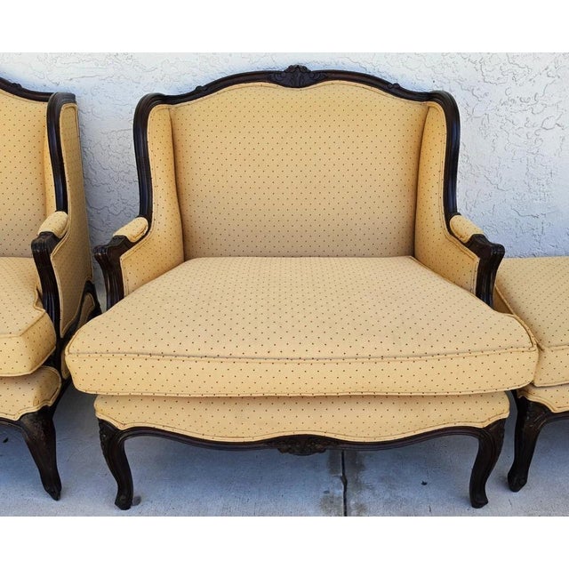 Mustard Pierre Deux Style French Country Provincial Bergere Lounge Chairs & Ottoman Pair For Sale - Image 8 of 18