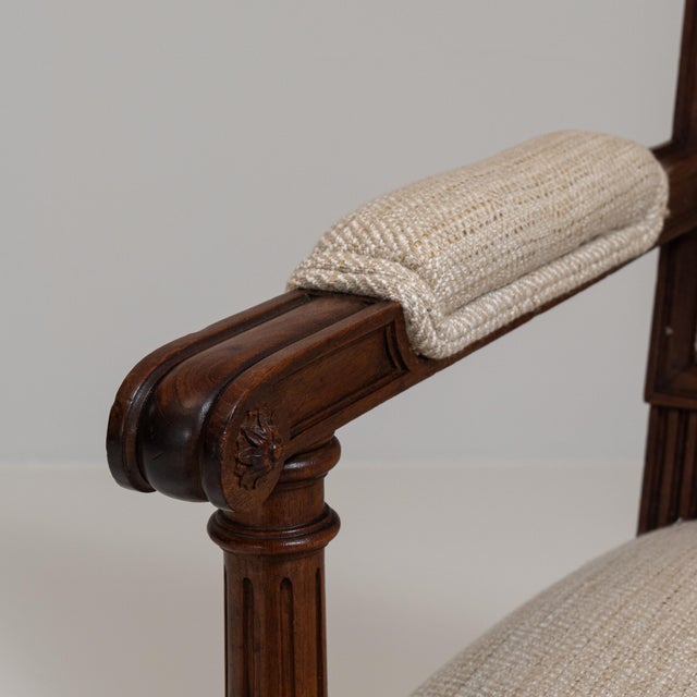 19th Century Pair of 19th Century French Chestnut Brown Louis XVI Oak Upholstered Armchairs For Sale - Image 5 of 15