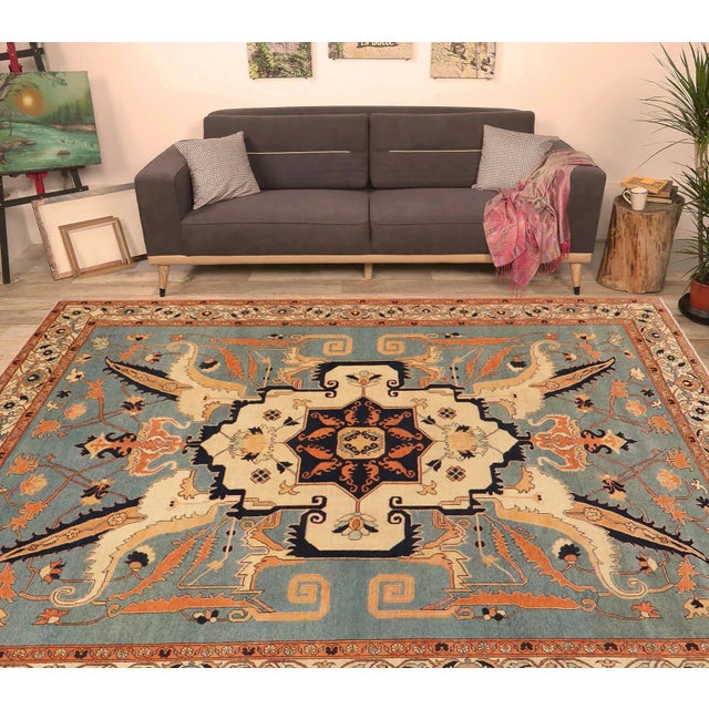 "Enhance the ambiance of your home with this magnificent Persian-influenced Turkish hand-knotted rug made by skilled...