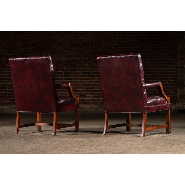 Wood Late 20th Century Pair of Tufted Leather Square-Back Dining Chairs in Oxblood For Sale - Image 7 of 17