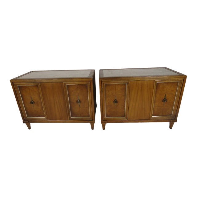 1960s Mid-Century Modern Inlaid Marble and Fruitwood Cabinets - a Pair For Sale