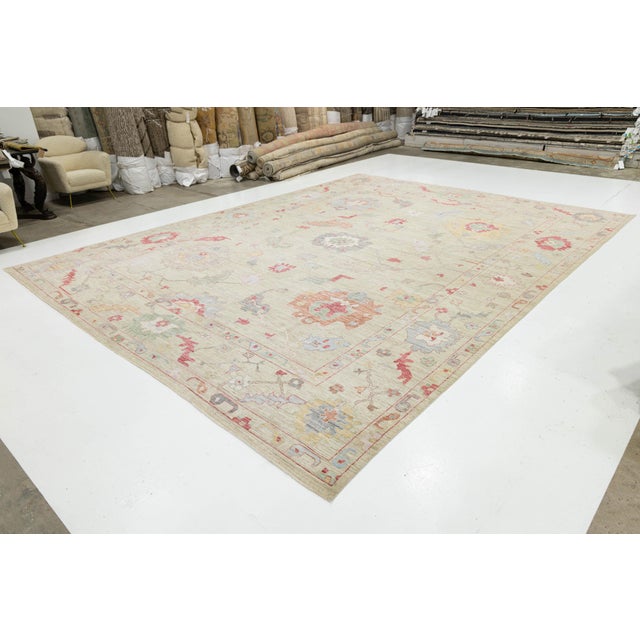 Hand-Knotted Modern Oushak Style Wool Rug – Muted Pastel Floral Transitional For Sale - Image 11 of 11