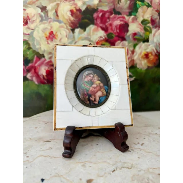 Antique Italian Miniature Porcelain Plaque Hand-Painted Madonna and Child in Bone Frame For Sale In Los Angeles - Image 6 of 9