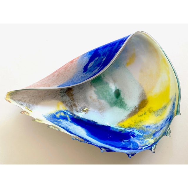 Vintage 1980's Post Modern Hand Blown Studio Art Glass Multicolor Abstract Sculptural Shell Large Centerpiece Bowl For Sale In Kansas City - Image 6 of 13