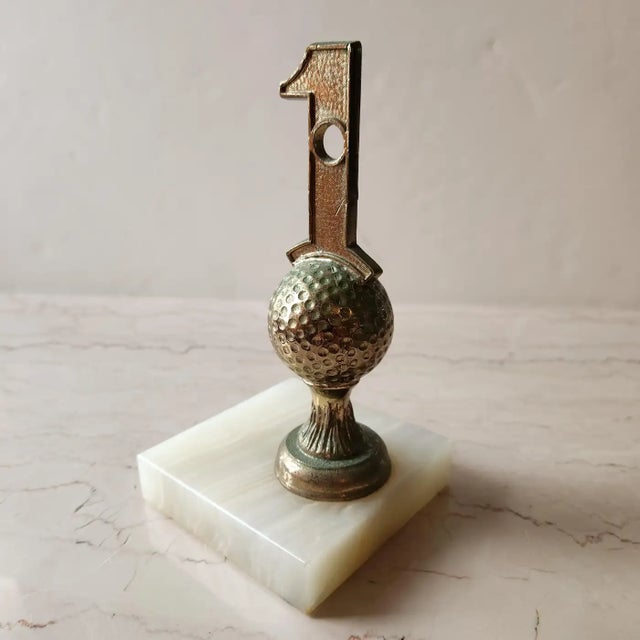 1960s 1962 Golf Hole in One Trophy Alabaster Stone Base Paperweight For Sale - Image 5 of 9