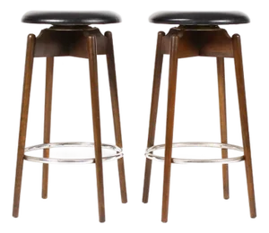 Mid Century Vintage Albert Parvin Walnut Barstools — Swivel Seats — Black Vinyl— Pair
