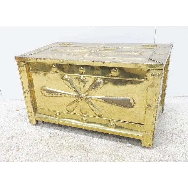 Wood Decorative Embossed Brass Kindling Box For Sale - Image 7 of 7