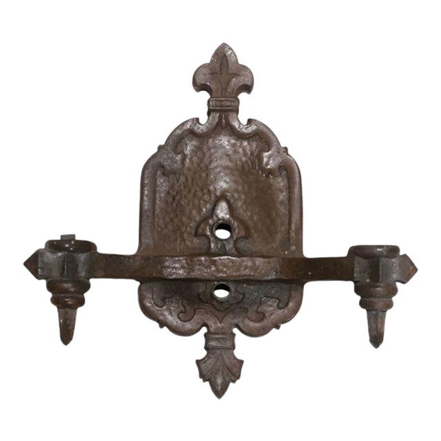 Antique Tudor 2 Light Wall Sconce Hanmered Gothic Style Fluer De Lis for Repair For Sale