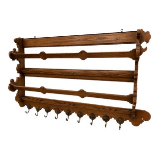 Arts & Crafts Oak Wall-Mounted Coat & Hat Rack With Lion Mask Hooks For Sale