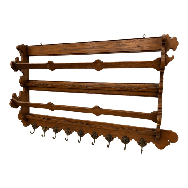 Arts & Crafts Oak Wall-Mounted Coat & Hat Rack With Lion Mask Hooks For Sale