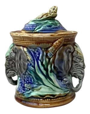 19th Century Majolica Elephant Jar signed Onnaing