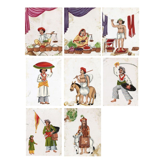 Indian Company School Artist, Figures, Mica & Gouache Paintings, Set of 8 For Sale
