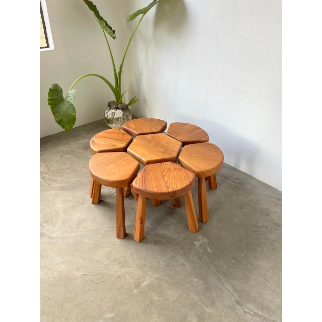 Flower Coffee Table Set with Elm Tripod Stools, 1950s, Set of 7 For Sale - Image 9 of 18