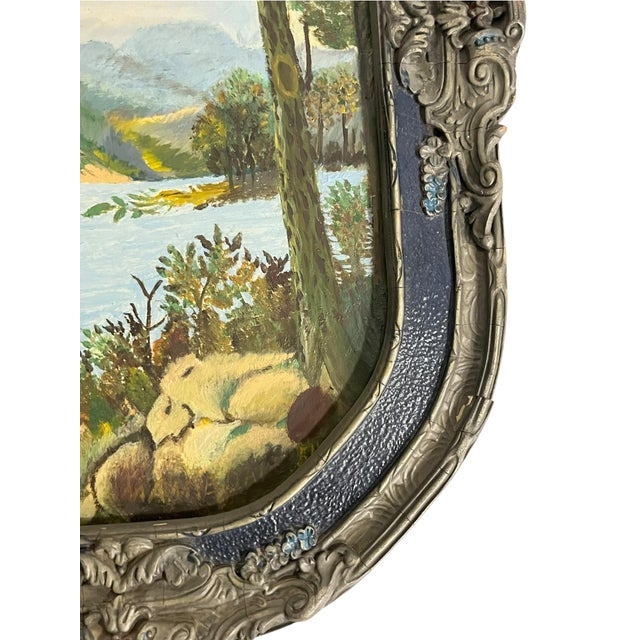 Wood Vintage Folk Art Landscape Painting in Ornate Carved Frame For Sale - Image 7 of 10